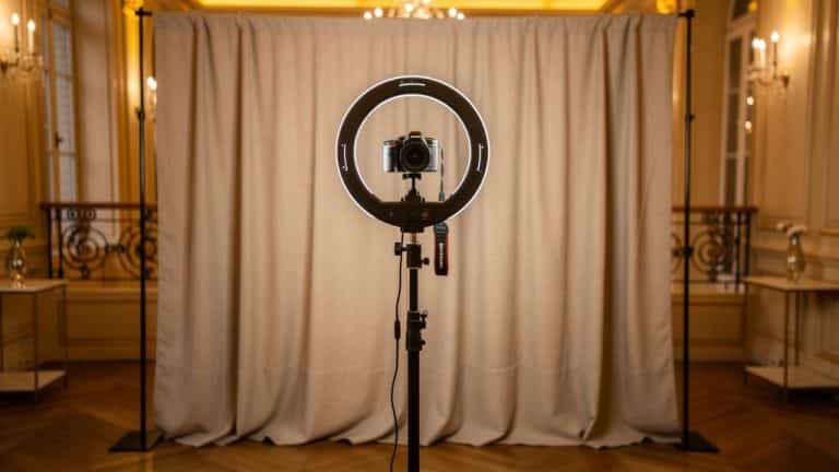 Quel photobooth choisir : borne photo moderne avec ring light dans une salle de réception