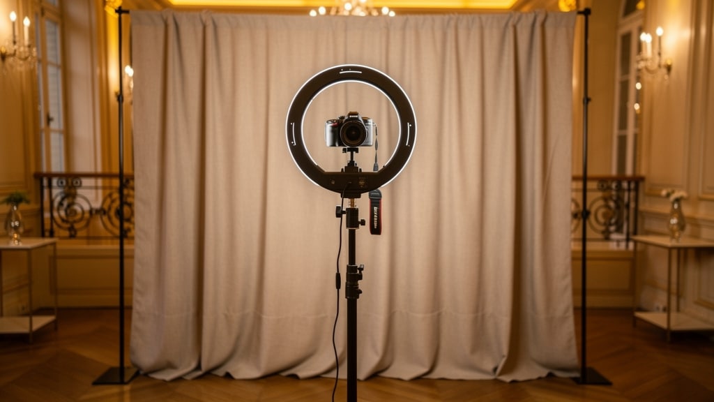 Quel photobooth choisir : borne photo moderne avec ring light dans une salle de réception
