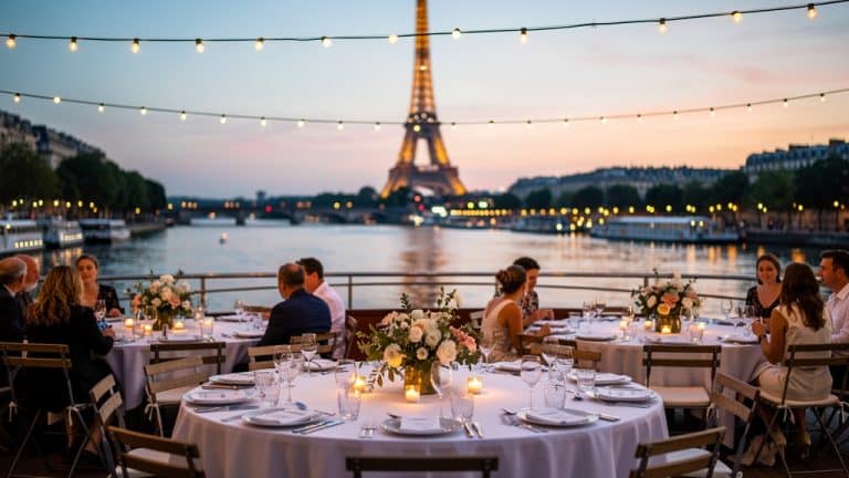 Lieu de mariage insolite à Paris : réception sur une péniche au coucher du soleil