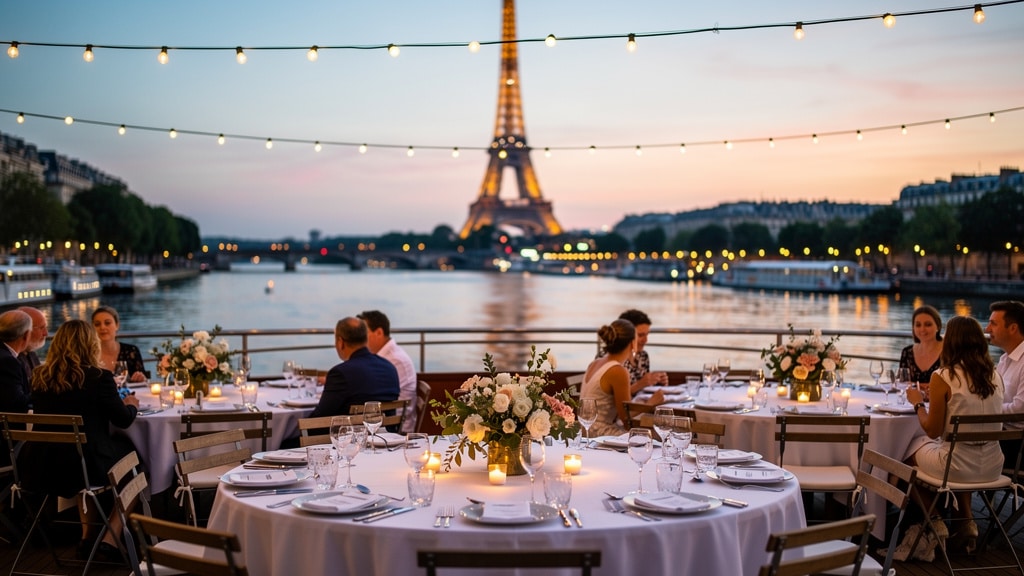 Lieu de mariage insolite à Paris : réception sur une péniche au coucher du soleil