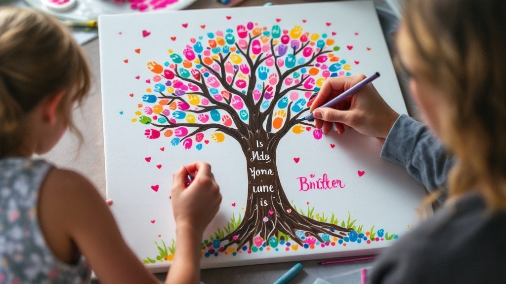 Arbre à empreintes de baptême complété par les invités de toutes les générations