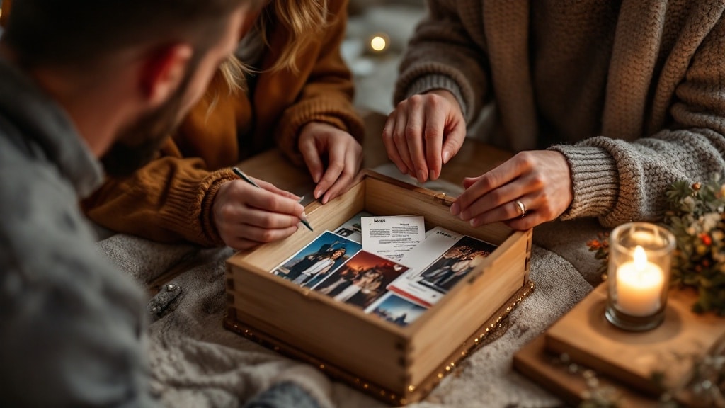 Boîte à souvenirs remplie par le couple pour son premier anniversaire de mariage