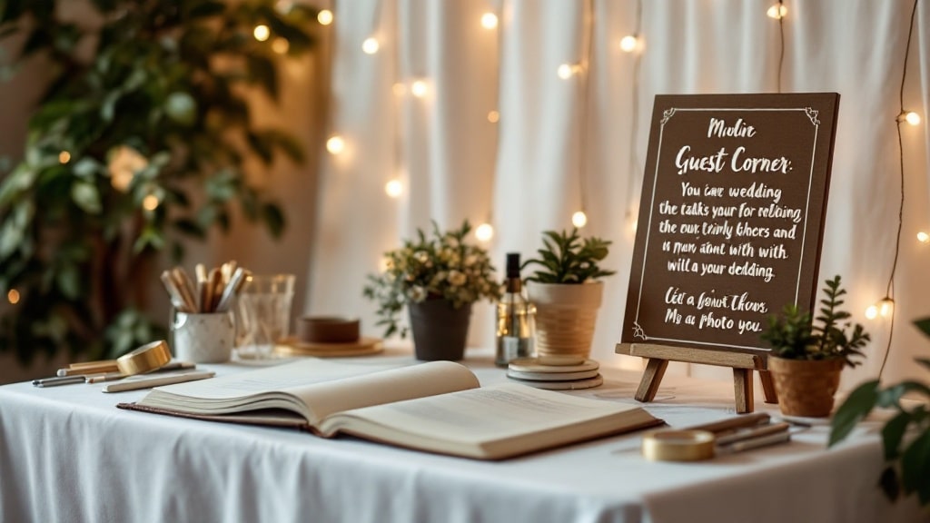 Table du livre d'or installée à côté du coin photo pendant la soirée de mariage