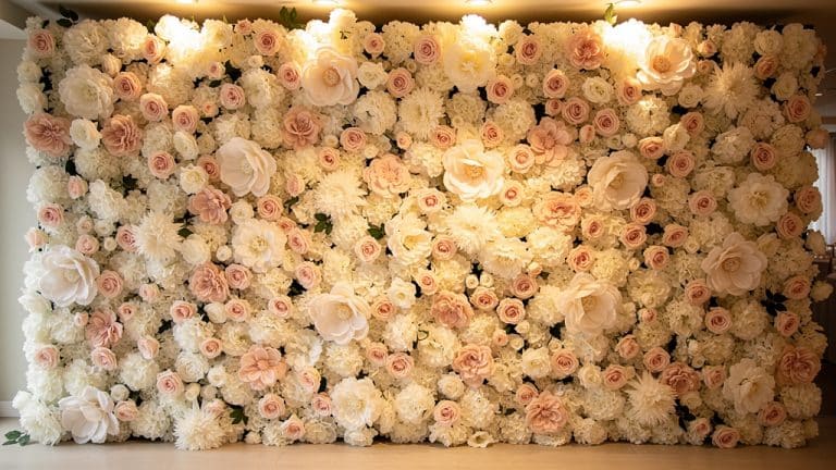 Toile de fond photobooth : mur de fleurs blanches et roses pour coin photo