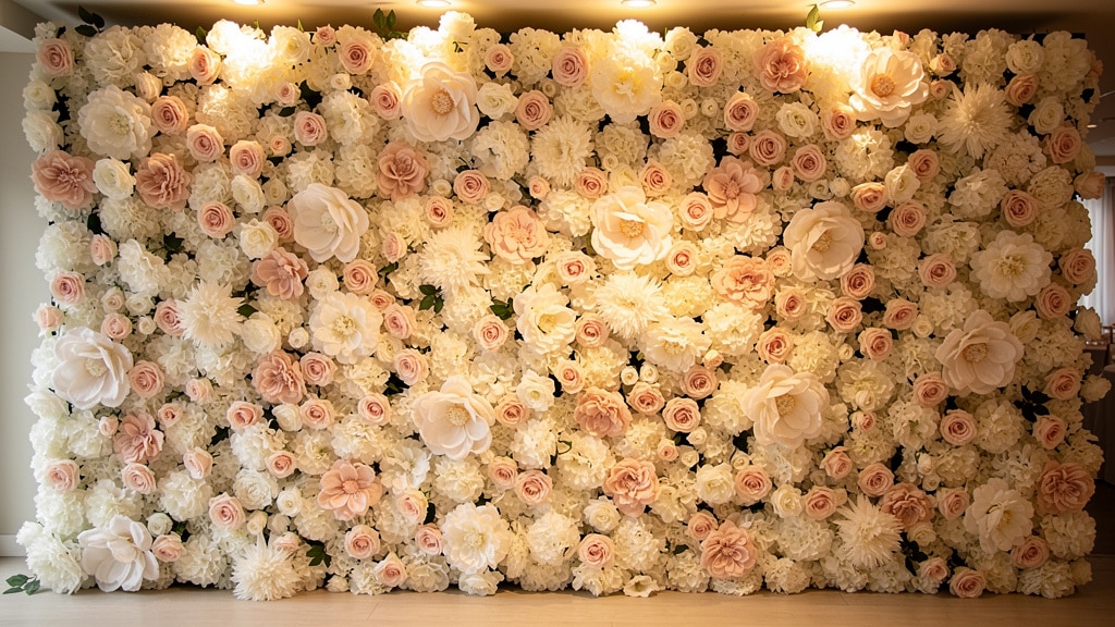 Toile de fond photobooth : mur de fleurs blanches et roses pour coin photo