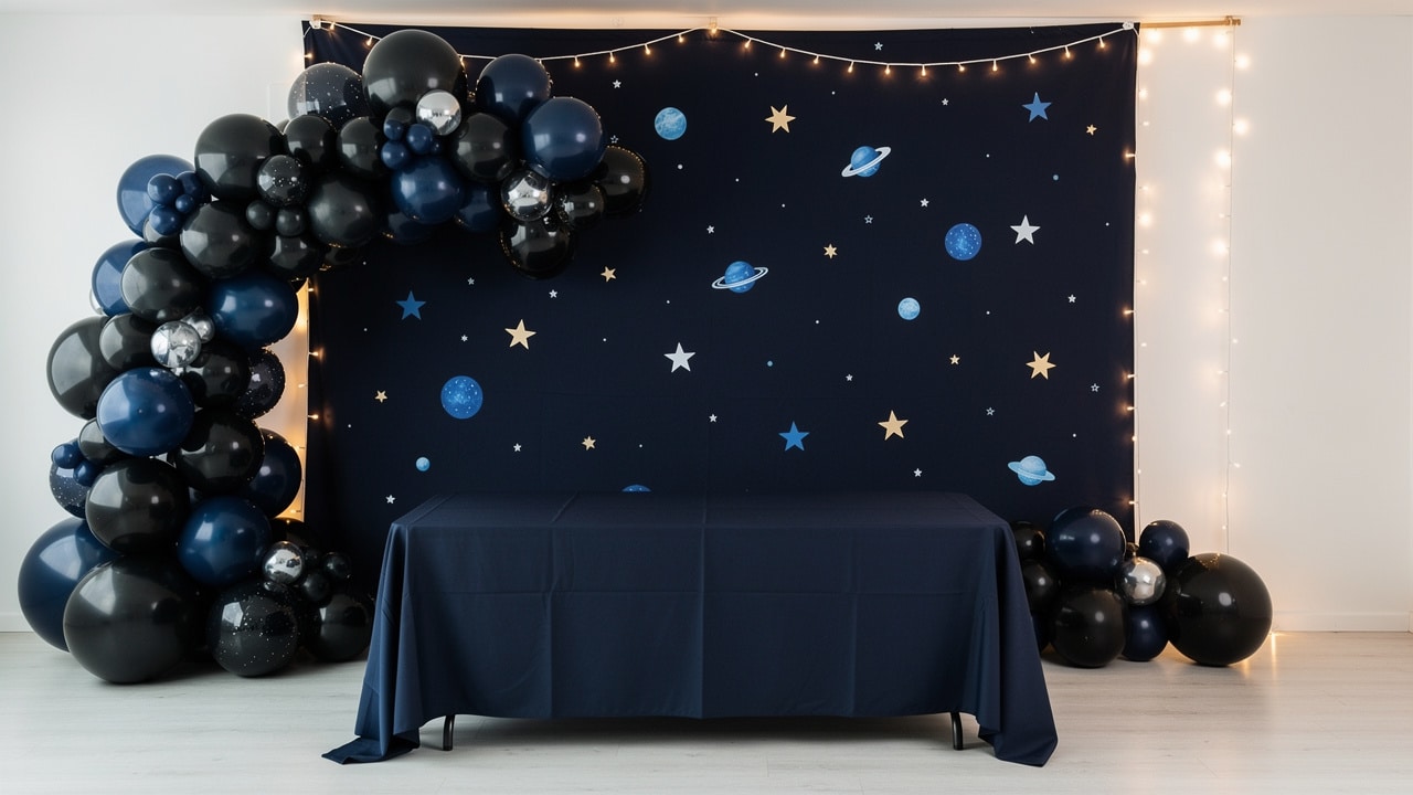 Coin déco d'anniversaire galaxie : arche de ballons noir et bleu nuit, toile de fond étoilée et planètes, guirlande lumineuse