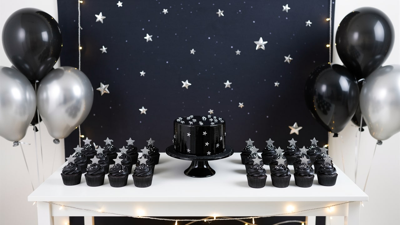 Table sucrée d'anniversaire thème galaxie : gâteau glaçage noir aux étoiles argentées, cupcakes et ballons noir et argent