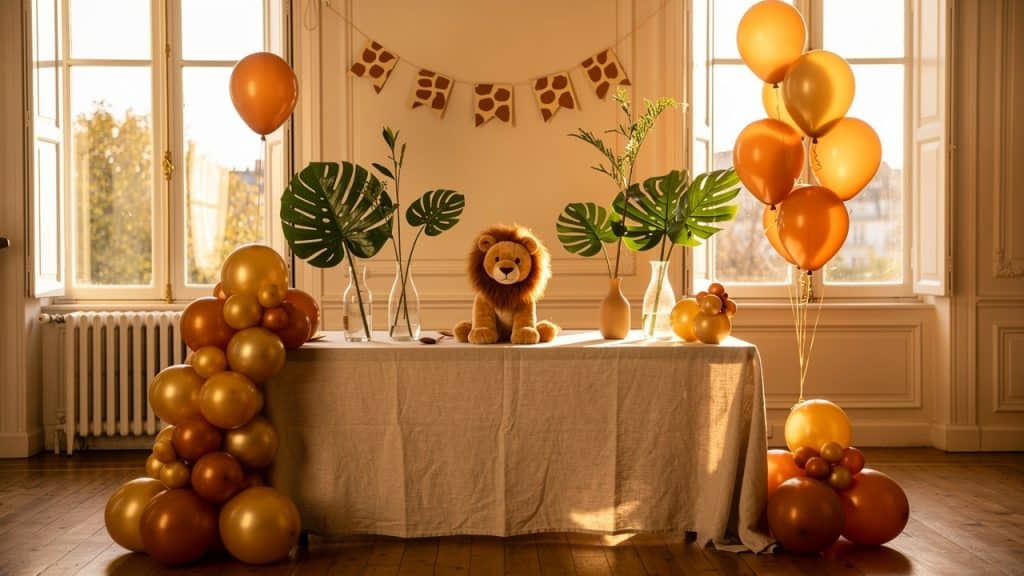 Table d'anniversaire thème roi lion : ballons ocre et or, feuilles tropicales et peluche lion