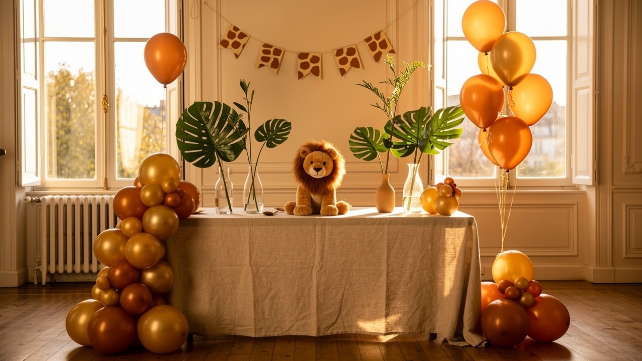 Table d'anniversaire thème roi lion : ballons ocre et or, feuilles tropicales et peluche lion