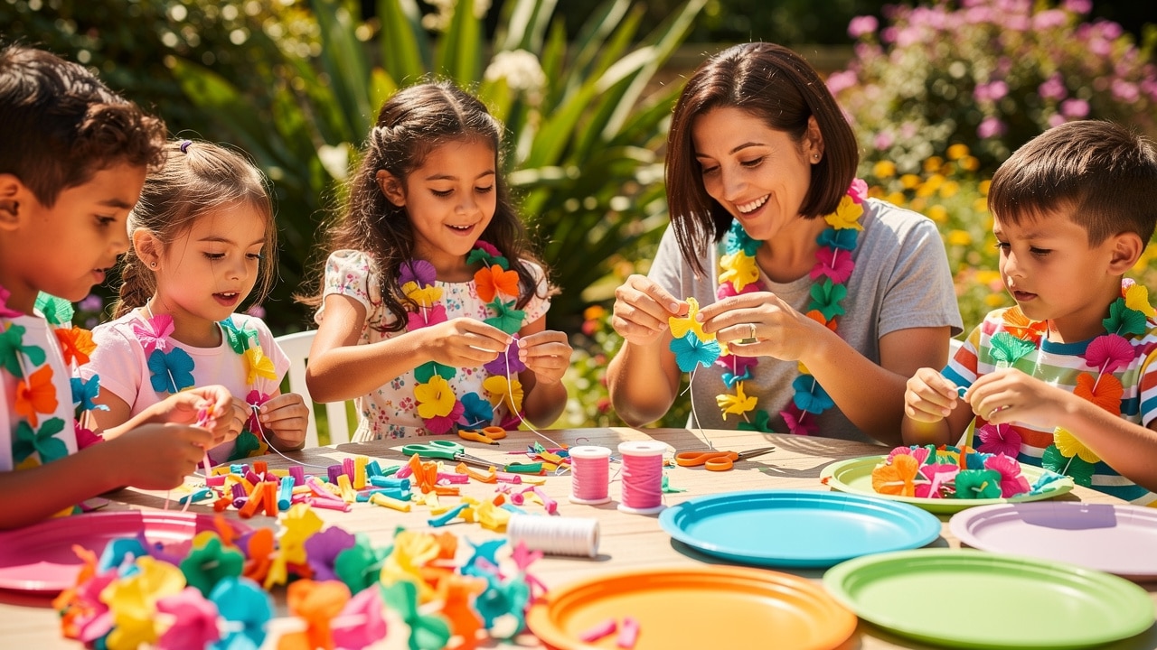 Enfants et adulte fabriquant des colliers de fleurs en papier lors d'un atelier créatif tropical en extérieur