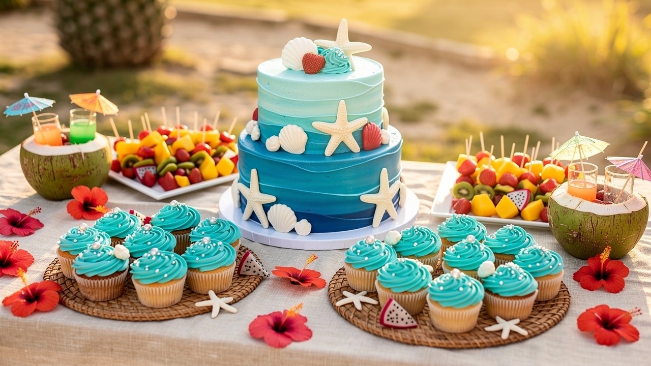 Buffet d'anniversaire tropical : gâteau océan bleu décoré d'étoiles de mer et de coquillages, cupcakes turquoise, brochettes de fruits et noix de coco