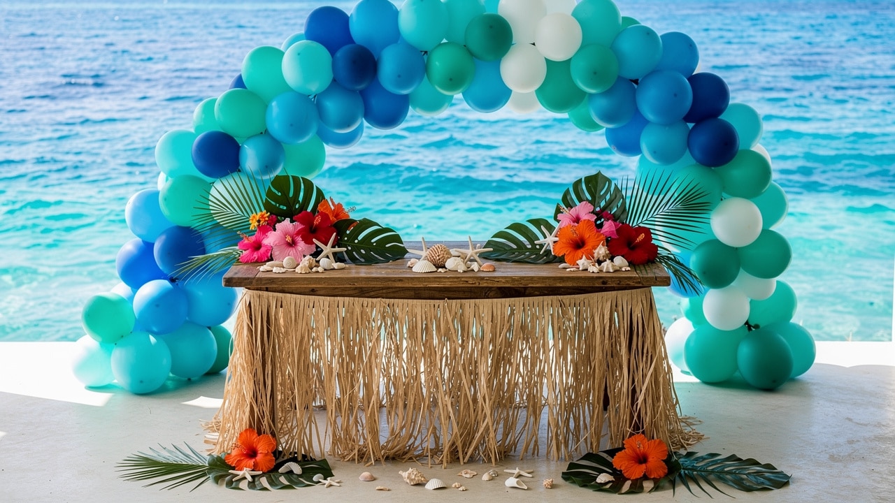 Décoration d'anniversaire tropical : arche de ballons bleu lagon, fleurs d'hibiscus, feuilles de monstera et coquillages devant l'océan