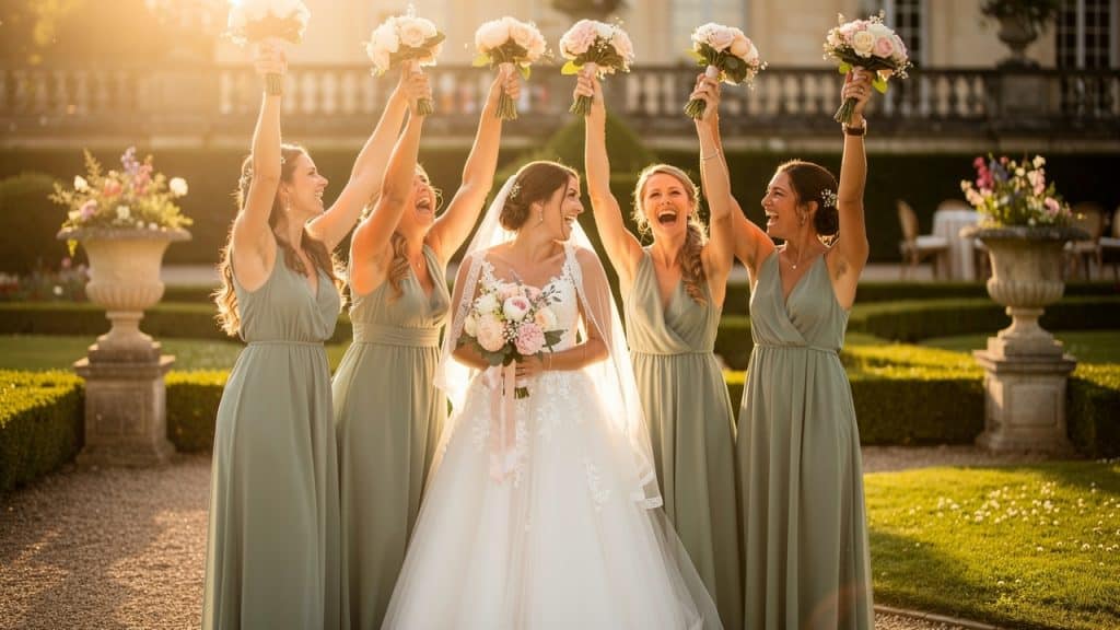Demoiselles d'honneur en robes vert sauge levant leurs bouquets autour de la mariée