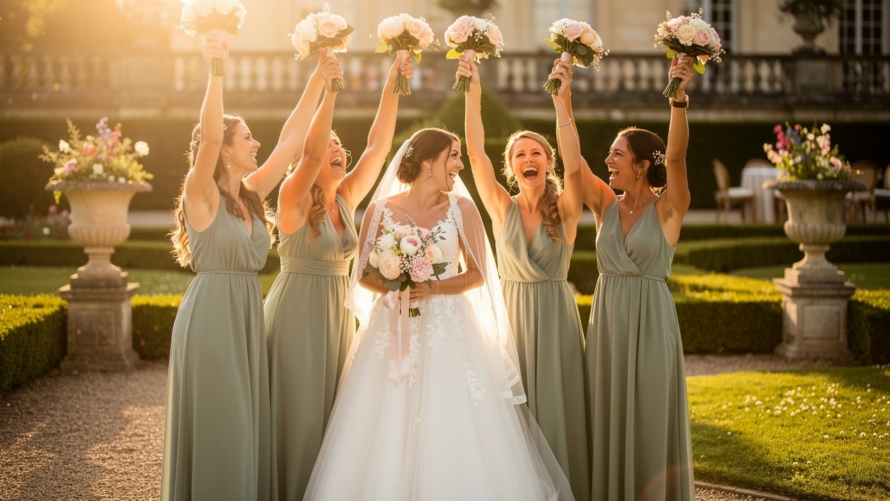 Demoiselles d'honneur en robes vert sauge levant leurs bouquets autour de la mariée