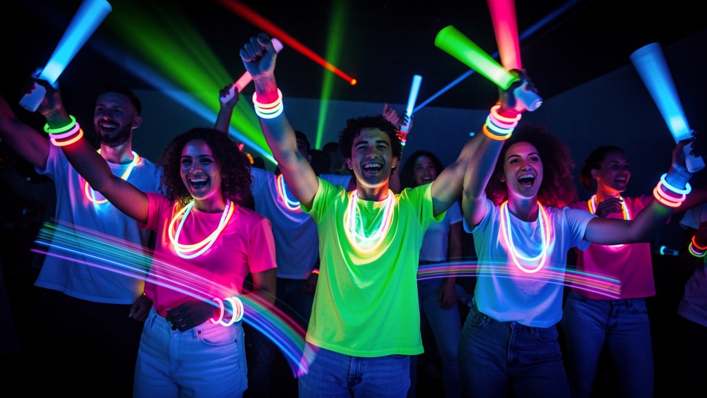 Groupe d'amis dansant un flash mob à une soirée fluo d'anniversaire avec bracelets fluorescents et lumière noire