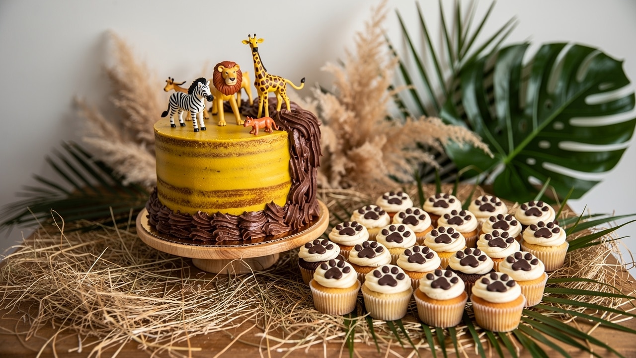 Gâteau anniversaire roi lion à crinière en chocolat avec figurines savane et cupcakes pattes