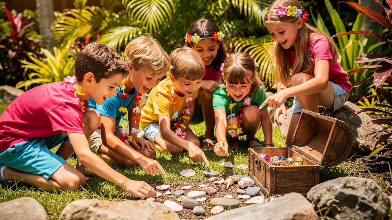 Enfants jouant à une chasse au trésor tropicale dans un jardin, colliers de fleurs et coffre rempli de coquillages