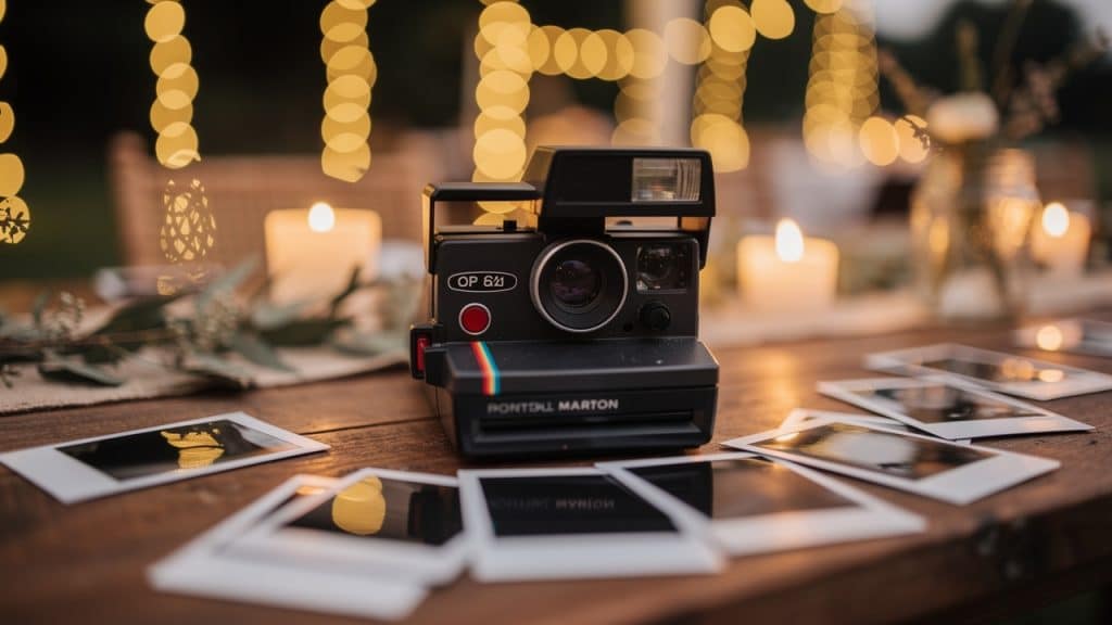Location polaroid mariage : appareil photo instantané et tirages posés sur une table de réception