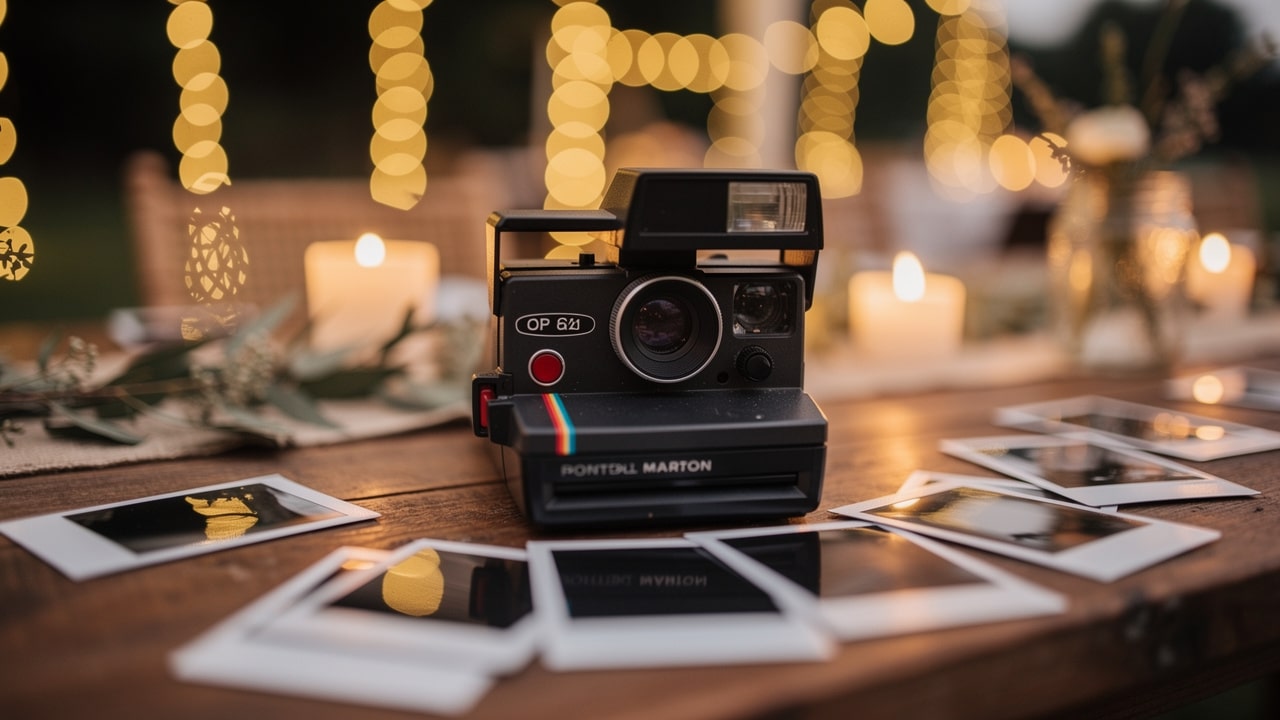 Location polaroid mariage : appareil photo instantané et tirages posés sur une table de réception