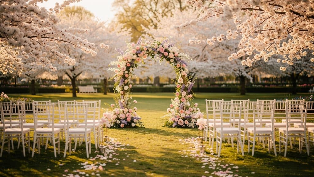 Cérémonie de mariage au printemps en extérieur sous les cerisiers en fleurs, arche fleurie pastel et chaises blanches