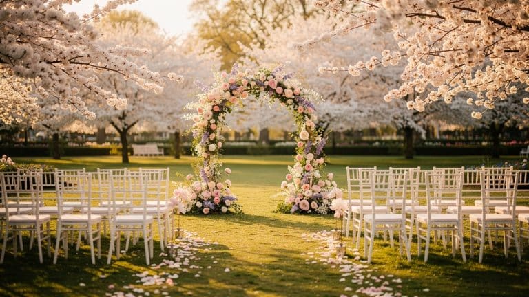Cérémonie de mariage au printemps en extérieur sous les cerisiers en fleurs, arche fleurie pastel et chaises blanches