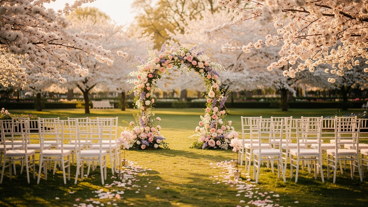 Cérémonie de mariage au printemps en extérieur sous les cerisiers en fleurs, arche fleurie pastel et chaises blanches