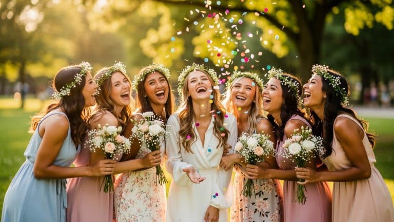 Groupe de copines en couronnes de fleurs et confettis lors d'un shooting photo d'EVJF, future mariée en blanc au centre
