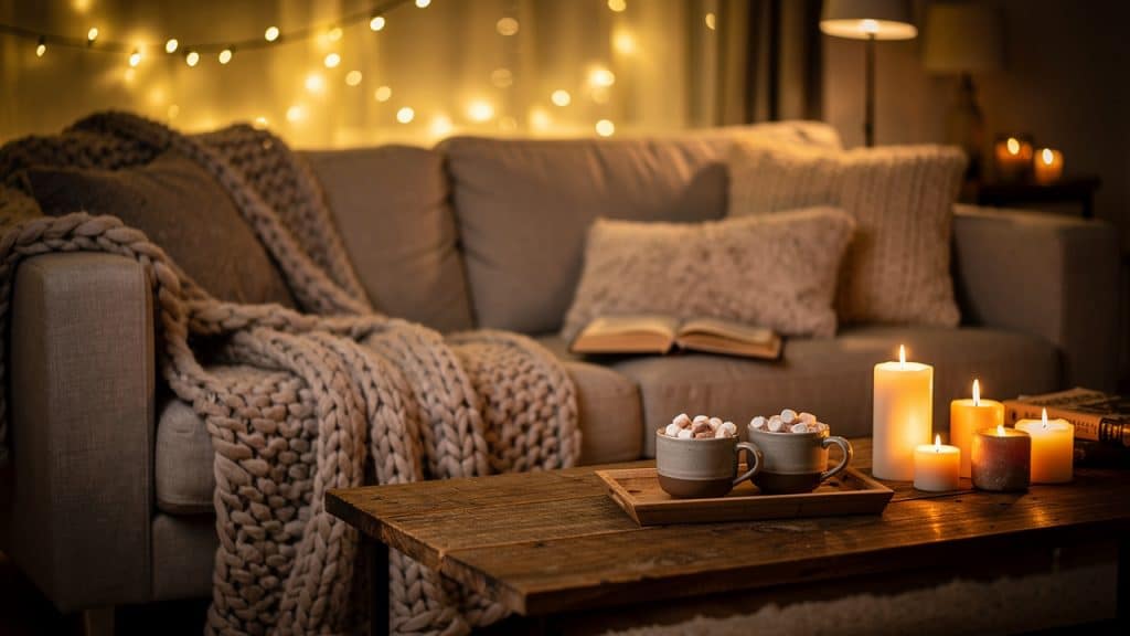 Salon préparé pour une soirée cocooning avec plaid en grosse maille, bougies, guirlande lumineuse et tasses de chocolat chaud