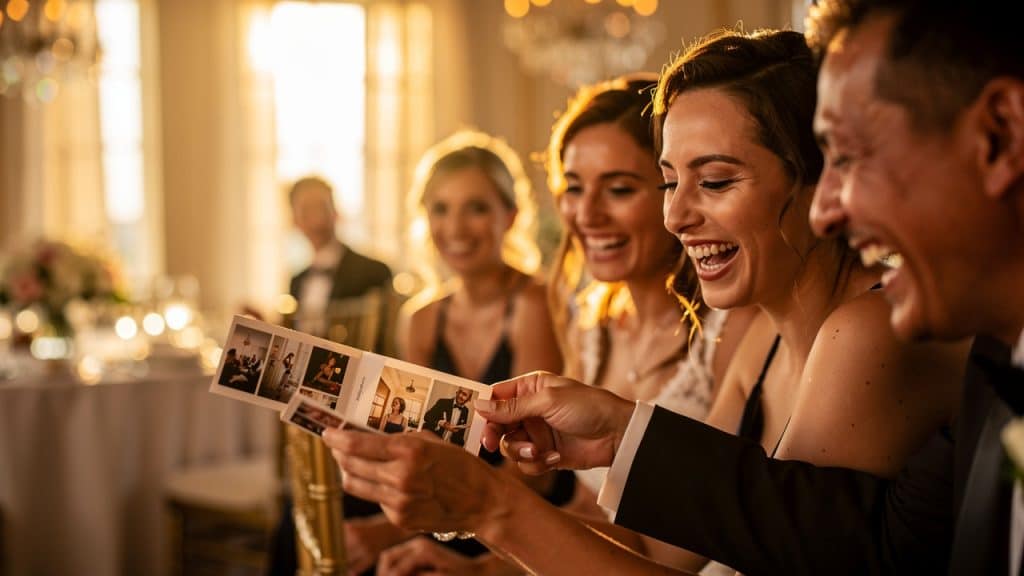 Invités feuilletant un carnet flipbook souvenir à un mariage