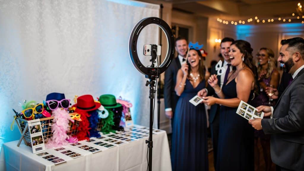 Photobooth moderne avec accessoires à une réception de mariage